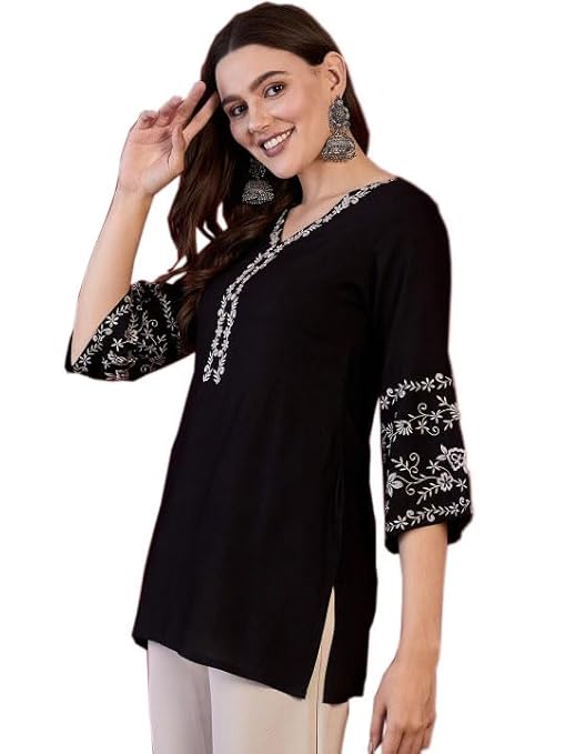 MAHIRA'S Comfort Short Kurti for Women | Indian Women's Tunics Tops | Rayon Top with 3/4 Designer Sleeves | Kurta Shirt Top for Ladies