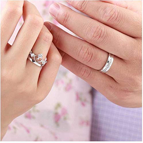 MEENAZ Couple Rings Crown King Queen Stylish Valentine Jewellery American Diamond Adjustable Love Heart Silver Finger Ring Set Combo for Women Girls Men Boys Girlfriend Lovers GF BF - Image 2