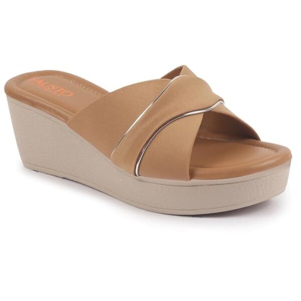 FAUSTO Women's Silver Lining Open Toe Cross Strap Wedge Slip On Sandal With Cushioned Footbed|Sandal For Party|Festive|Wedding