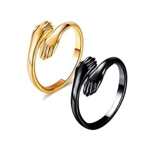 PDY FASHION Pack of 2 Adjustable Stainless Steel Black and golden Color Hug Ring Valentine's Day/Anniversary Love Couple Embrace Statement Promise Hand Hug Me Thumb Finger