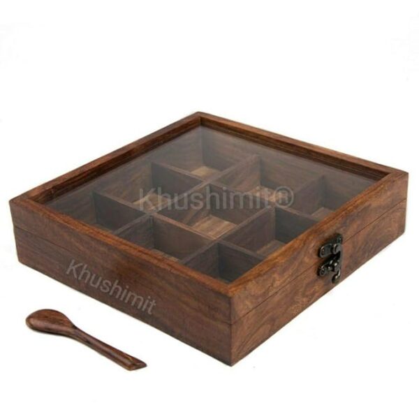 Khushimit® Pure Sheesham Wooden Masala Dabba Spice Box with Glass Lid | Multipurpose Storage Box for Kitchen with 1Spoon | Antique Look | Explore Your Kitchen with Nature | Model No. - KM9P01 - Image 4