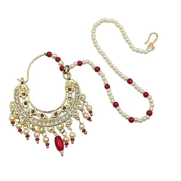 Mahalakshmi Gold Plated Traditional Medium Size Nose Ring/Nath | Nathiya with Pearls & Chain Design for Women and Girls Pack of 1