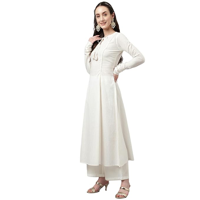 FIORRA Women's Off White Pure Cotton Flared Kurta with Palazzo and Dupatta - Image 3