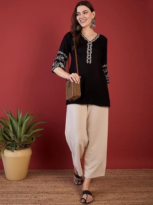 MAHIRA'S Comfort Short Kurti for Women | Indian Women's Tunics Tops | Rayon Top with 3/4 Designer Sleeves | Kurta Shirt Top for Ladies - Image 2
