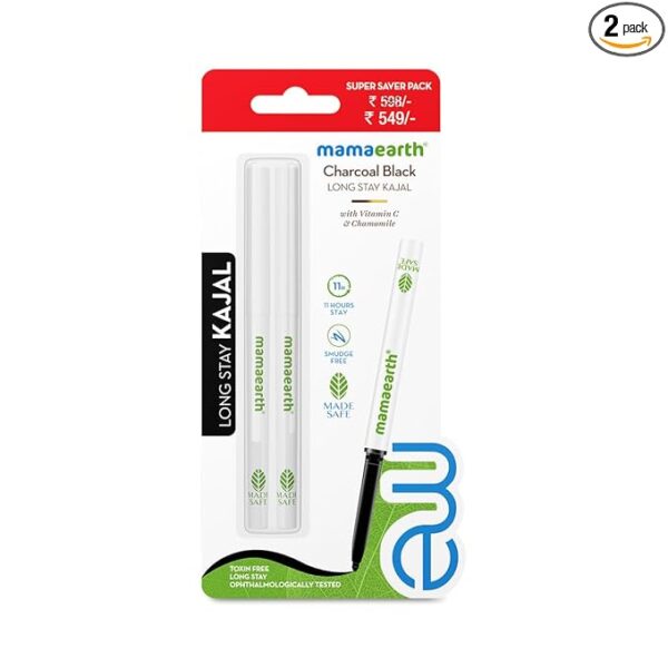 Mamaearth Pack of 2 Charcoal Black Glossy Long Stay Kajal Pencil With Vitamin C & Chamomile for 11-Hour Smudge-Free, Waterproof Wear