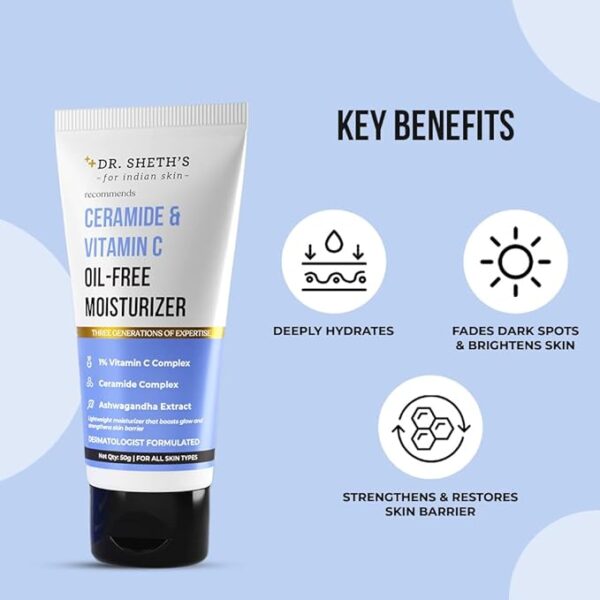Dr. Sheth's Ceramide & Vitamin C Oil - Free Moisturizer| Lightweight Moisturizer to Hydrate & Brighten Skin | With Vitamin C, Ceramide & Ashwagandha | For Women & Men | 50g - Image 2