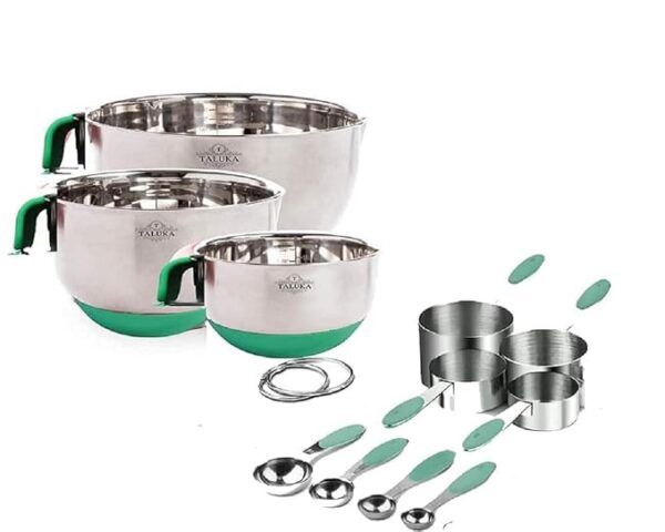 Taluka Stainless Steel Combo 3PC Mixing Bowl 1400ML 2800ML 4700ML with Measuring Cup 4 PC & Spoon 4 PC for Cooking Atta Flour Baking Prepping Kitchen Food Storage Pack of 11
