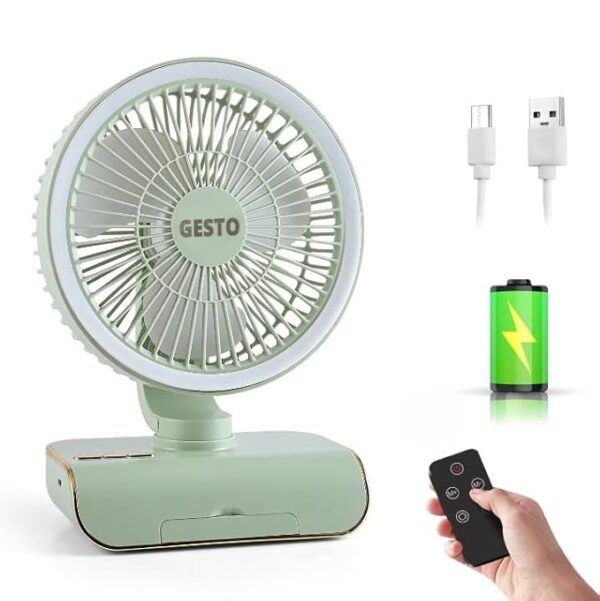 Gesto 8-Inch Rechargeable Table Fan With Remote & Oscillation – 4000mAh Battery, Mobile Stand,LED Light | 5-Speed USB Charging Portable Fan for Desk,Home, Office, Kitchen | High-Speed Cooling -Green