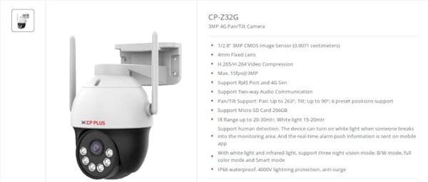 CP PLUS 3MP 4G Pan Tilt Sim Card Supported Smart Outdoor Camera | Built in Mice | Speaker |Colour Night Vision| SD Card Supported (Up to 256 GB) IP Ratings IP65 |Not WiFi Supported | CP-Z32G - Image 3