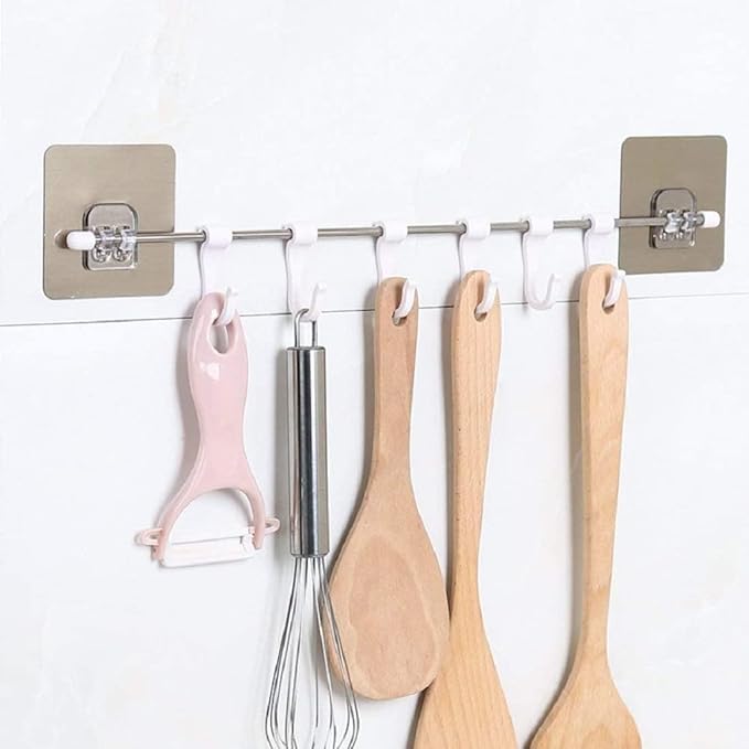 GOLWYN Premium Self Adhesive Kitchen Accessories Items Organizer Rack Stand, Wall Hanging Hooks Strong Without Drilling/Bathroom Door Cloth Hanger (9 Hooks), Stainless Steel - Image 2