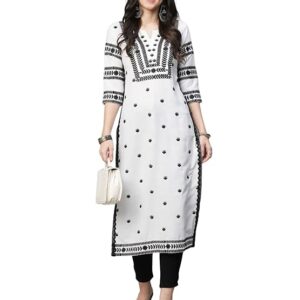 GoSriKi Women's Cotton Blend Embroidered Straight Kurta
