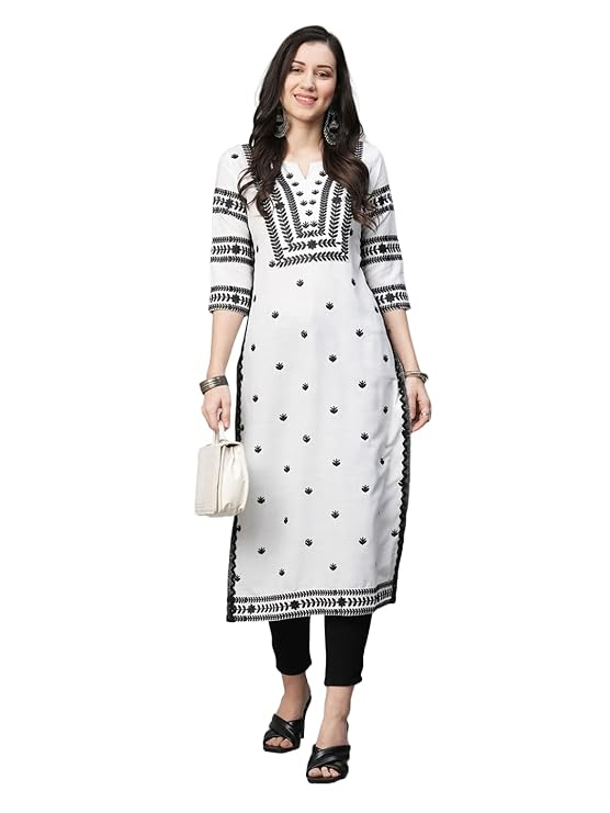 GoSriKi Women's Cotton Blend Embroidered Straight Kurta