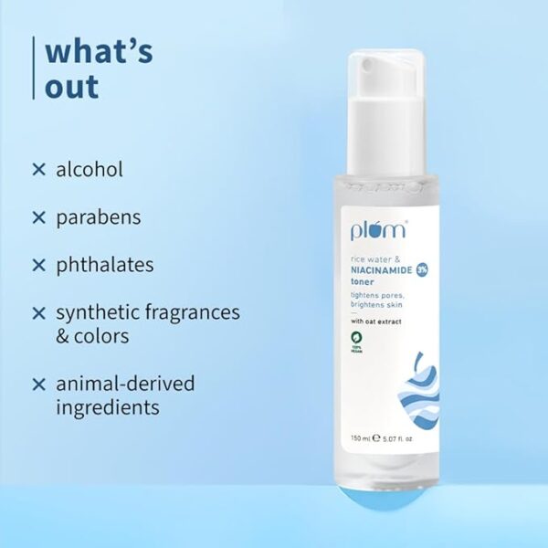 Plum 3% Niacinamide & Rice Water Face Toner | Alcohol-Free Toner for Oily Acne Prone Dry Combination Skin | Pore Tightening & Glowing Skin |Fades Blemishes, Brightens & Smoothens | Women & Men | 150ml - Image 5