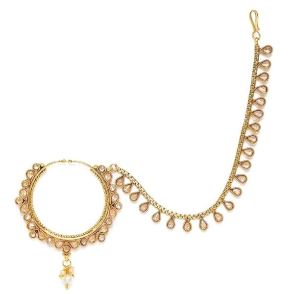 Traditional Ethnic Gold-Plated Copper Nose Ring with Chain & American Diamond for Women | Bridal Jewelry | Perfect Gifting for Karwa Chauth & Weddings