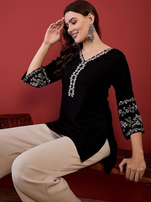 MAHIRA'S Comfort Short Kurti for Women | Indian Women's Tunics Tops | Rayon Top with 3/4 Designer Sleeves | Kurta Shirt Top for Ladies - Image 3