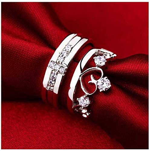 MEENAZ Couple Rings Crown King Queen Stylish Valentine Jewellery American Diamond Adjustable Love Heart Silver Finger Ring Set Combo for Women Girls Men Boys Girlfriend Lovers GF BF - Image 3