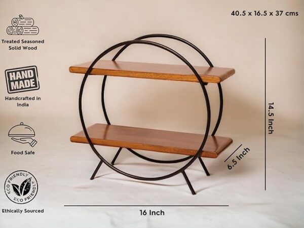Vesta Homes Circular Home and Kitchen Organizer Rack/Storage Shelves/Spice Shelf/Wooden Organizer for Office, Bedroom | 40.5 x 16.5 x 37 cm | Mango Wood and Iron | Handcrafted in India - Image 3