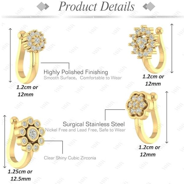 VAMA FASHIONS Without Piercing Clip on Nose pin without Hole Pressing Type Press Nose ring Stud for Women - 4 Pcs - Image 3