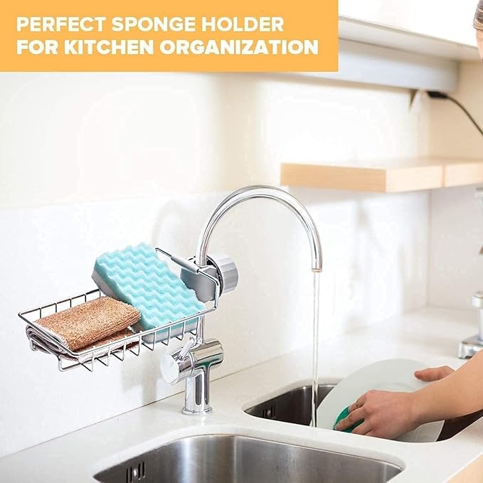 DHARMINSON Stainless Steel Faucet Storage Rack, Kitchen Bathroom Sink Organizer, Silver, Medium, 1 Tier, Countertop Mount, Adjustable, Sponge Holder, Soap Dish, Shampoo Bottle Holder - Image 2