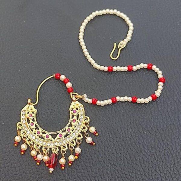 Mahalakshmi Gold Plated Traditional Medium Size Nose Ring/Nath | Nathiya with Pearls & Chain Design for Women and Girls Pack of 1 - Image 3