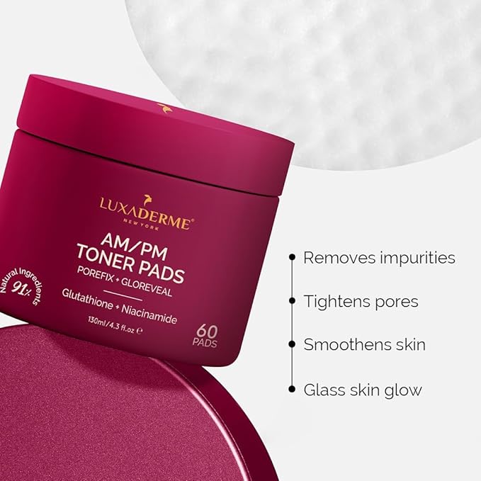 LuxaDerme Korean AM/PM Toner Pads | Remove Impurities & Tighten Pores | Even tone & Hyrdated Skin | Achieve Korean Glass Skin Glow | 91% Natural Ingredients with Niacinamide, Gluathione & Astaxanthin | 60 Pads - Image 3