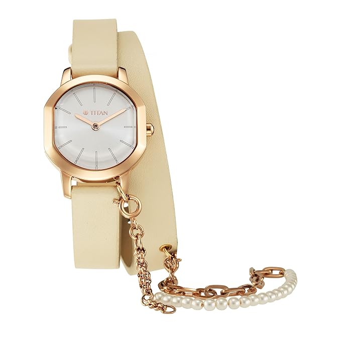 Titan Purple Unending Beauty Off White Dial Analog Leather Strap Watch for Women-NS95157WL01F