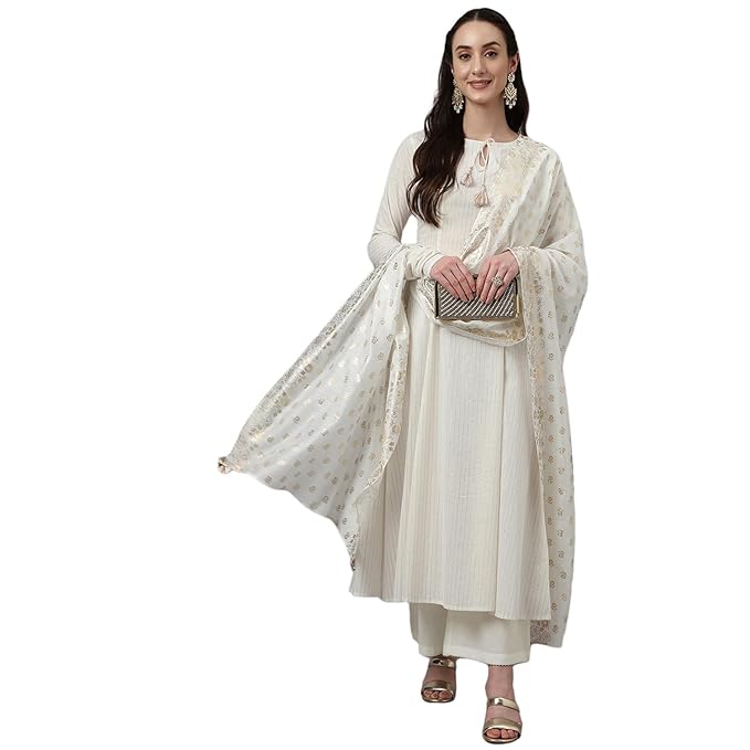 FIORRA Women's Off White Pure Cotton Flared Kurta with Palazzo and Dupatta - Image 4