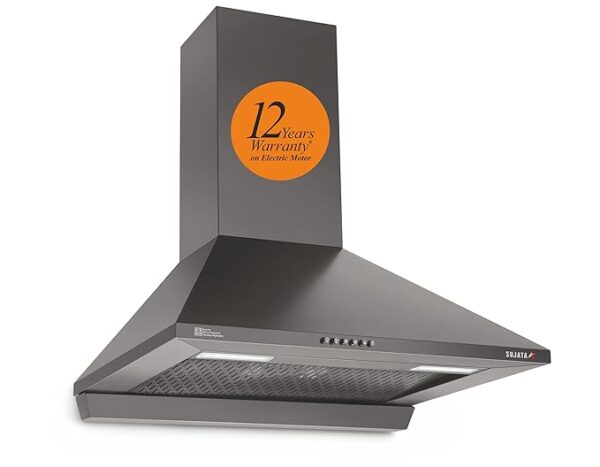 Sujata Chimney For Kitchen 60cm | 12 Yrs Warranty on Motor & 3 Yrs on Whole Product | 200 W Motor, 1250 m³/hr, Chimney, Kitchen Chimney For Home, Filter Less Auto Clean (OYNX - Black)