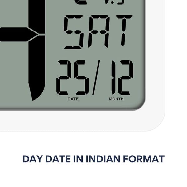 Click to open expanded view   2 VIDEOS     2+ ACCORD CLOCKS Large Digital Wall Clock 14 Inch - Battery Operated (No Wires), Big Display with Alarms, Day & Date (Indian Format), Room Temperature -Plastic,White - Image 4