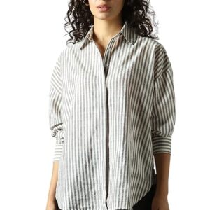 High Star Women Striped Longline Length Oversized Spread Collar Spread Collar Long Sleeve Shirt