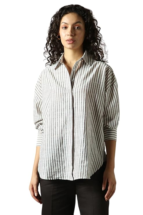 High Star Women Striped Longline Length Oversized Spread Collar Spread Collar Long Sleeve Shirt