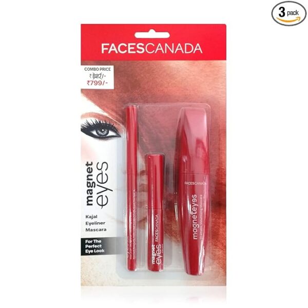 FACES CANADA Magneteyes Range Trio Pack - Black, 13.35 g | Kajal + Eyeliner + Mascara | Lightweight | Long Lasting | Smooth Texture | Precise Application | Intense Color Payoff | Paraben Free
