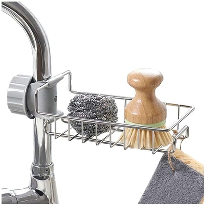 DHARMINSON Stainless Steel Faucet Storage Rack, Kitchen Bathroom Sink Organizer, Silver, Medium, 1 Tier, Countertop Mount, Adjustable, Sponge Holder, Soap Dish, Shampoo Bottle Holder