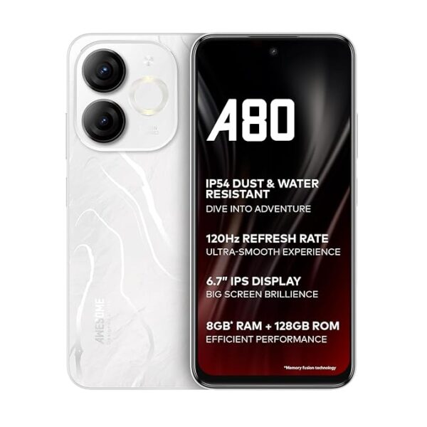itel A80 | 120Hz Refresh Rate|Punch Hole Display|50MP Super HDR Cam| IP54 Dust & Splash Resistant | 3 Year Fluency | Ring Light Notification | 4GB RAM, 128GB ROM | Glacier White