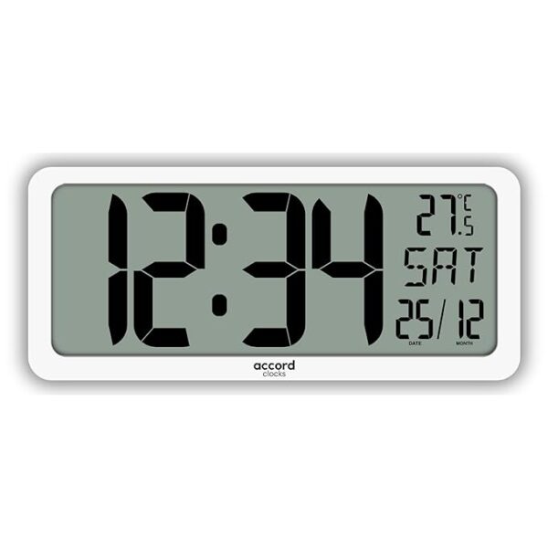 Click to open expanded view   2 VIDEOS     2+ ACCORD CLOCKS Large Digital Wall Clock 14 Inch - Battery Operated (No Wires), Big Display with Alarms, Day & Date (Indian Format), Room Temperature -Plastic,White