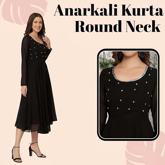 PH POSHAKHUB Women Georgette Hand Embroidery Round Neck and Front Yoke Anarkali Kurta - Round Neck Kurta - Image 3