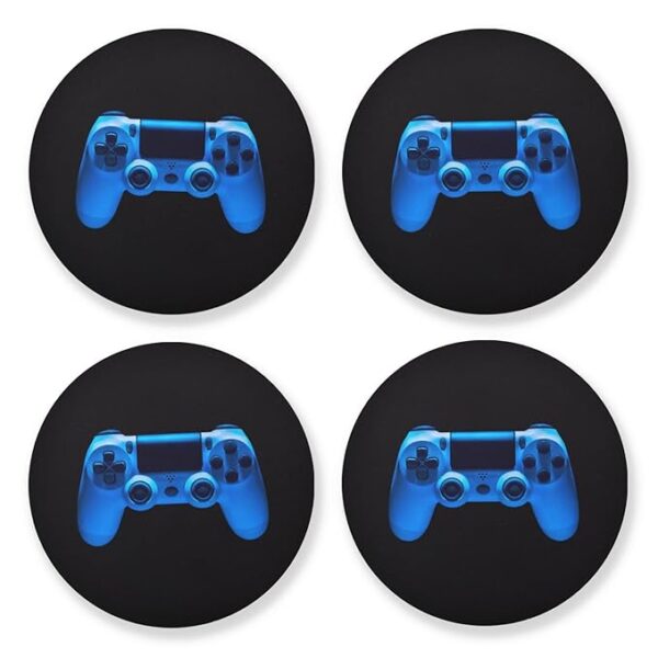 Video Game Joystick Gamepad in Blue Neon Lights Isolated on Black 4 Pcs Tea Wooden Round Coaster Set, Non-Slip Lightweight Wooden Coaster for Party Home Office Kitchen Bar Coffee Table - Image 6