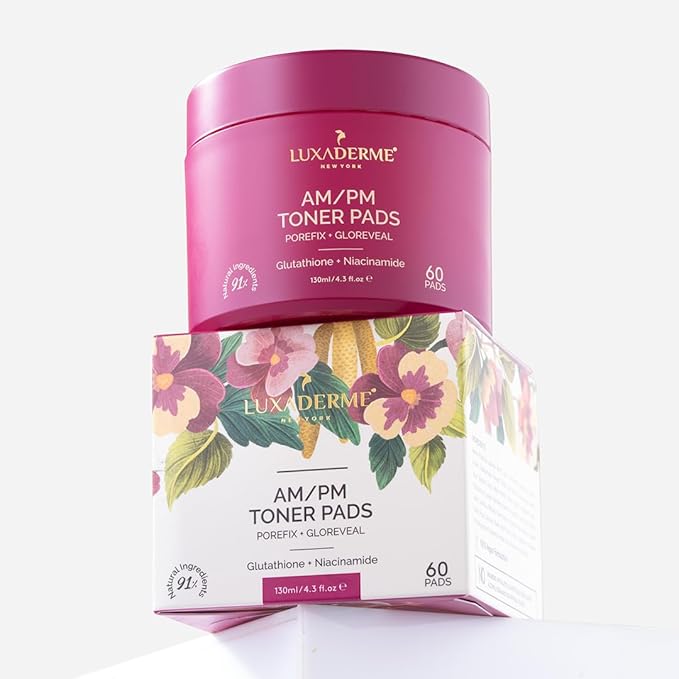 LuxaDerme Korean AM/PM Toner Pads | Remove Impurities & Tighten Pores | Even tone & Hyrdated Skin | Achieve Korean Glass Skin Glow | 91% Natural Ingredients with Niacinamide, Gluathione & Astaxanthin | 60 Pads