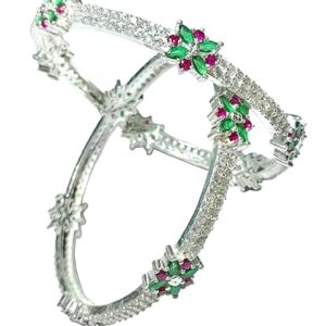 Real Silver AD Diamond Pink and green stone Kada Bangles 2 Pc Bangle set for Women