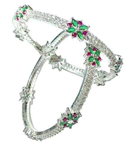 Real Silver AD Diamond Pink and green stone Kada Bangles 2 Pc Bangle set for Women
