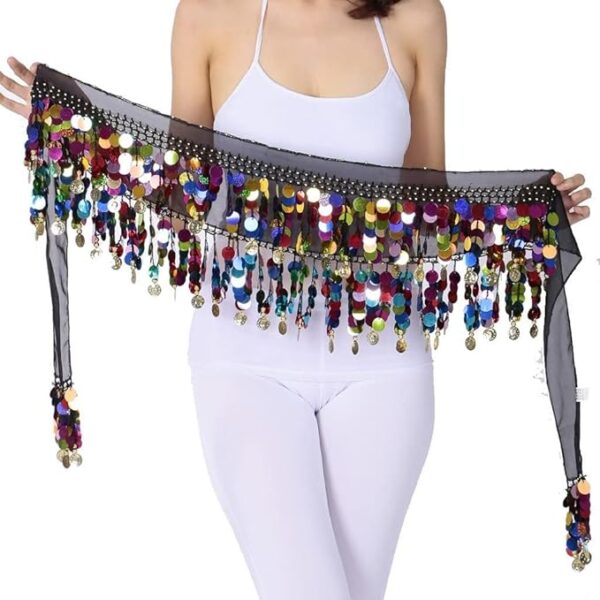 FASHIONSLIQUE® Premium Belly Dance Belt/Hip Scarf with Multicolor Coins and Sequins, Women's Chiffon Hip Scarf Waistband Belt Perfect for dance Festival Performances ! - Image 4