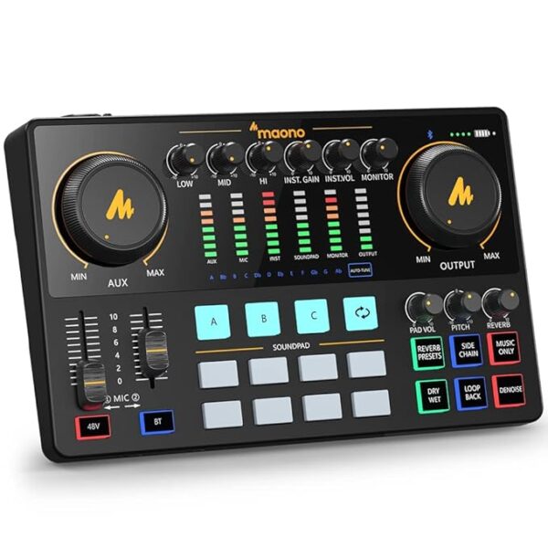Audio Interface-Podcast Equipment-MAONO-MaonoCaster-All in One - Portable Podcast production Studio with premium mic preamp for Podcast Recording, Streaming, Youtube, DJ, PC, Smartphone (AME2)