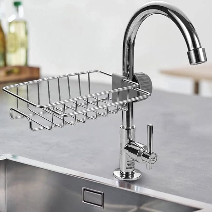 DHARMINSON Stainless Steel Faucet Storage Rack, Kitchen Bathroom Sink Organizer, Silver, Medium, 1 Tier, Countertop Mount, Adjustable, Sponge Holder, Soap Dish, Shampoo Bottle Holder - Image 3