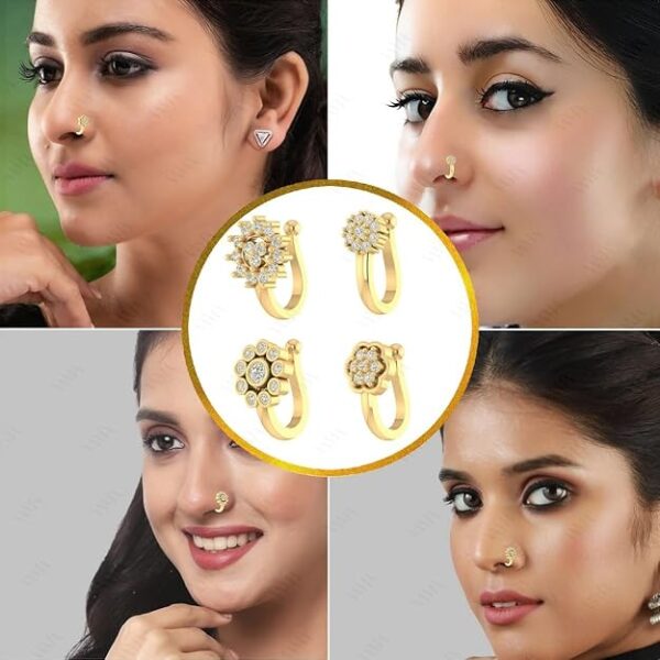 VAMA FASHIONS Without Piercing Clip on Nose pin without Hole Pressing Type Press Nose ring Stud for Women - 4 Pcs - Image 4
