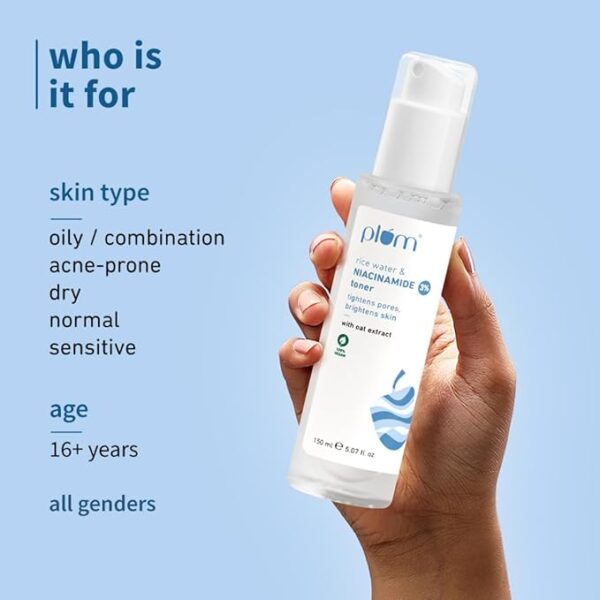 Plum 3% Niacinamide & Rice Water Face Toner | Alcohol-Free Toner for Oily Acne Prone Dry Combination Skin | Pore Tightening & Glowing Skin |Fades Blemishes, Brightens & Smoothens | Women & Men | 150ml - Image 3