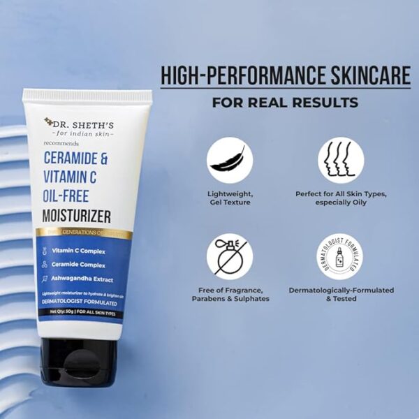 Dr. Sheth's Ceramide & Vitamin C Oil - Free Moisturizer| Lightweight Moisturizer to Hydrate & Brighten Skin | With Vitamin C, Ceramide & Ashwagandha | For Women & Men | 50g - Image 5