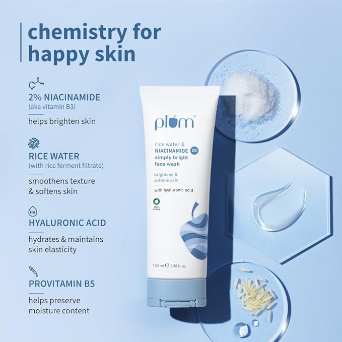 Plum Simply Bright 2% Niacinamide Face Wash with Rice Water | Brightens, Softens & Smoothens Skin | for Oily, Acne Prone, Dry, Normal, Sensitive Skin | Gentle & Non-Drying | for Men & Women | 100ml - Image 4