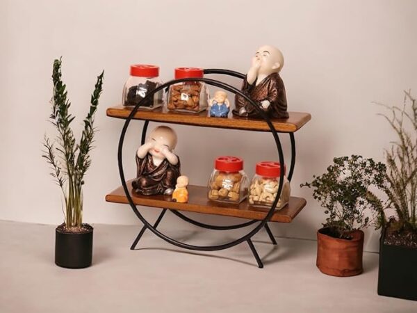 Vesta Homes Circular Home and Kitchen Organizer Rack/Storage Shelves/Spice Shelf/Wooden Organizer for Office, Bedroom | 40.5 x 16.5 x 37 cm | Mango Wood and Iron | Handcrafted in India - Image 6