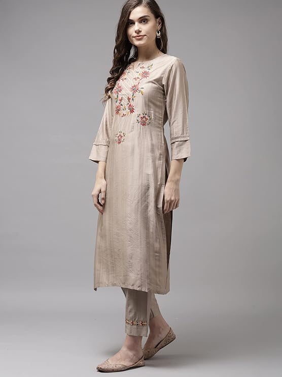 INDO ERA Women's Viscose Rayon Embroidered Straight Kurta with Pant & Dupatta Set - Image 3