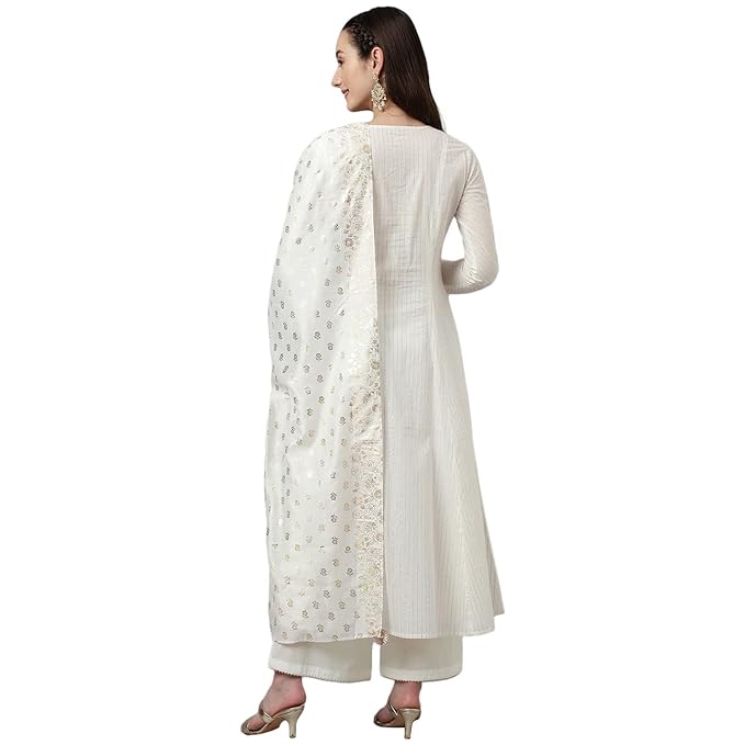 FIORRA Women's Off White Pure Cotton Flared Kurta with Palazzo and Dupatta - Image 2